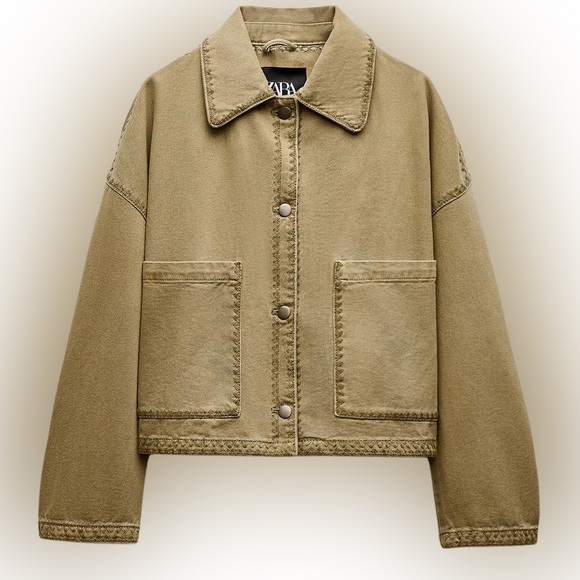 Zara Jackets & Blazers - ZARA Oversized Cotton Utility Overshirt Khaki Green Topstitch Jacket Size Small